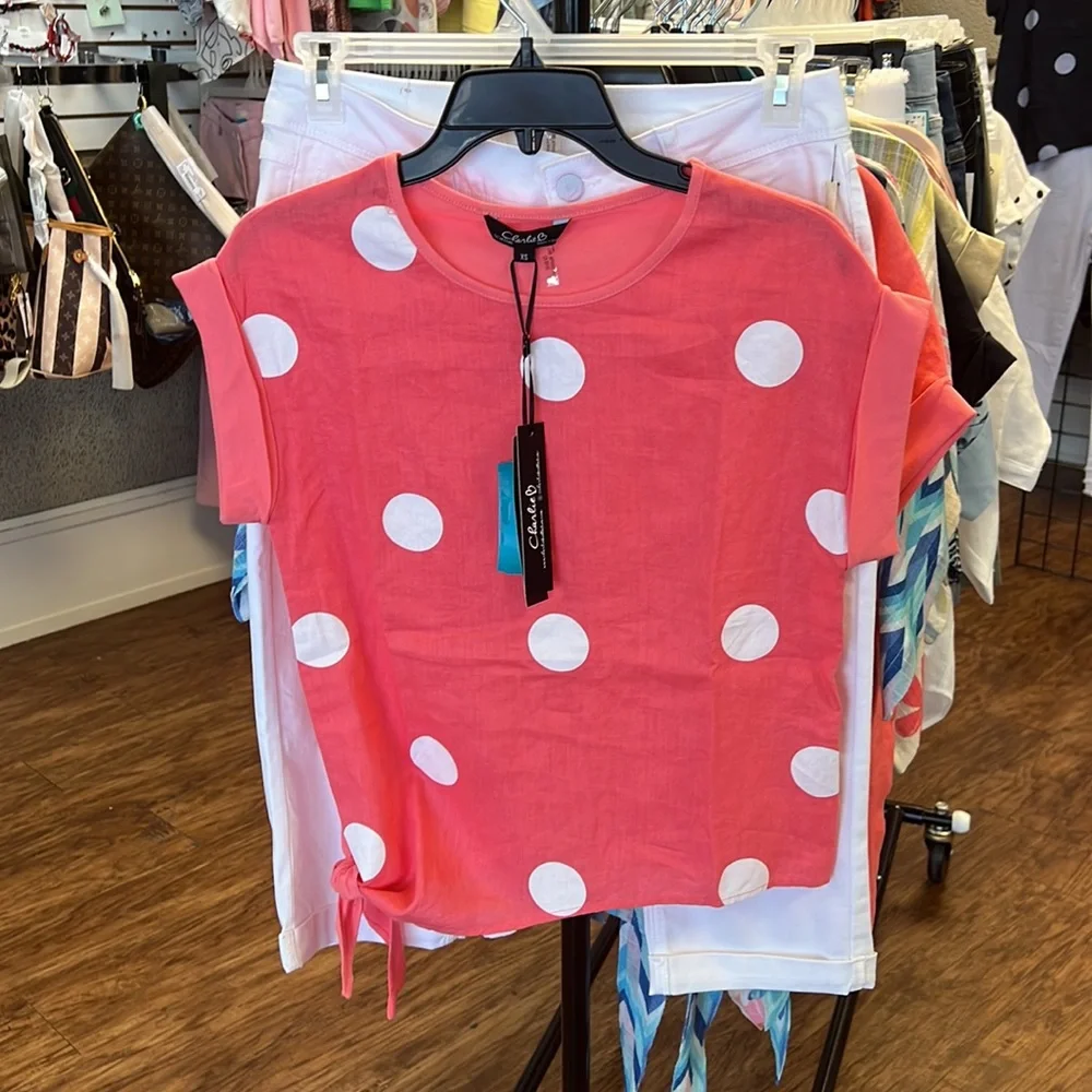 Charlie B Linen Dot Dolman Tie Top - Picture 2 of 3